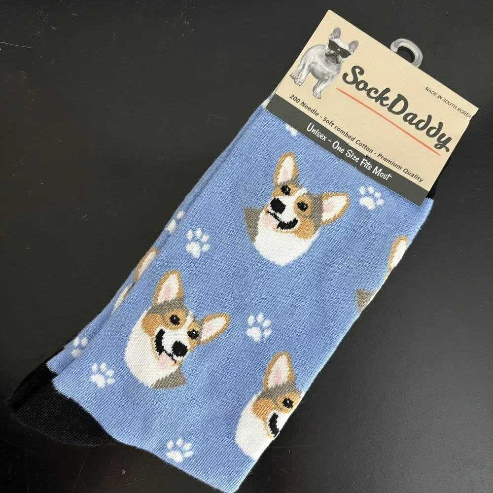 Welsh Corgi Dog Fun Socks‎ Unisex Novelty Soft Cotton Funny Dad Gifts Blue Paws